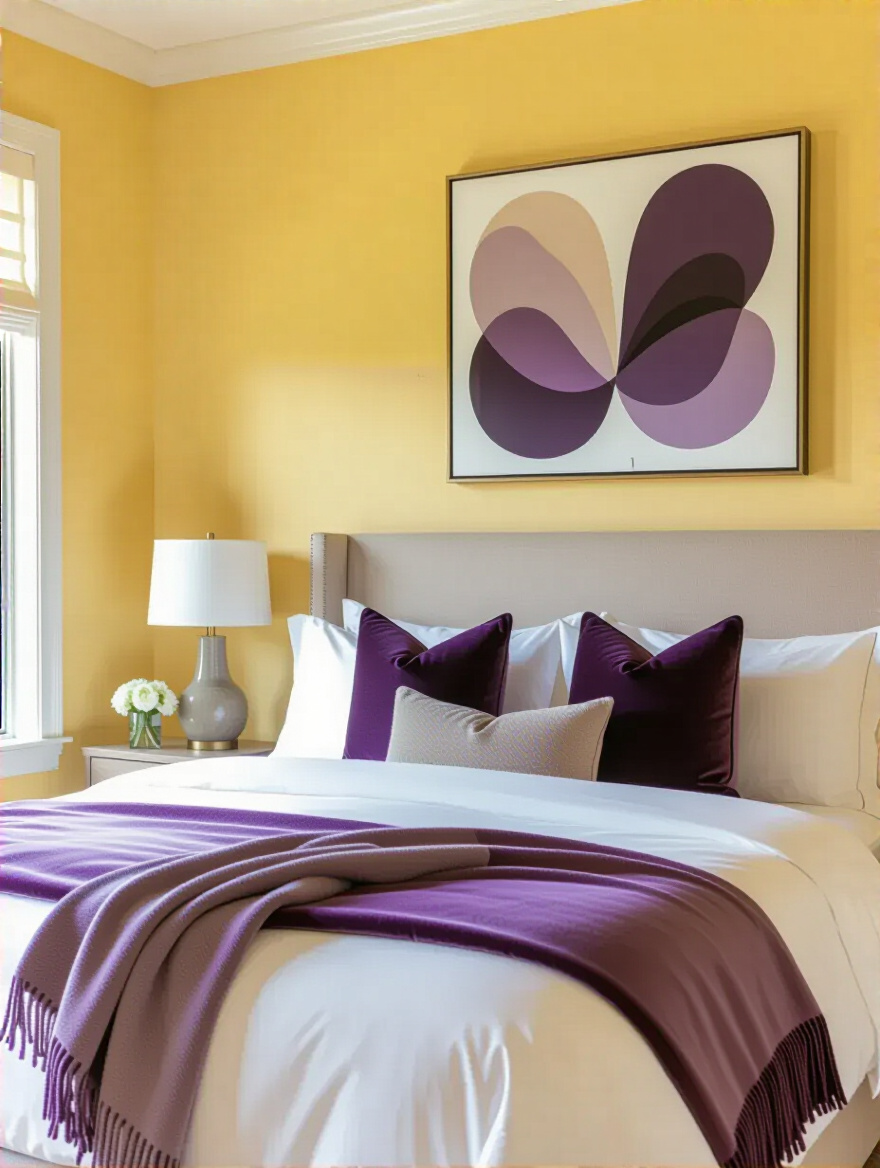 A harmonious yellow bedroom interior featuring soft buttery yellow walls paired with bedding and decorative pillows in shades of lavender and deep plum, captured with natural light from an eye-level, wide-angle perspective. The room demonstrates a balanced complementary color palette.