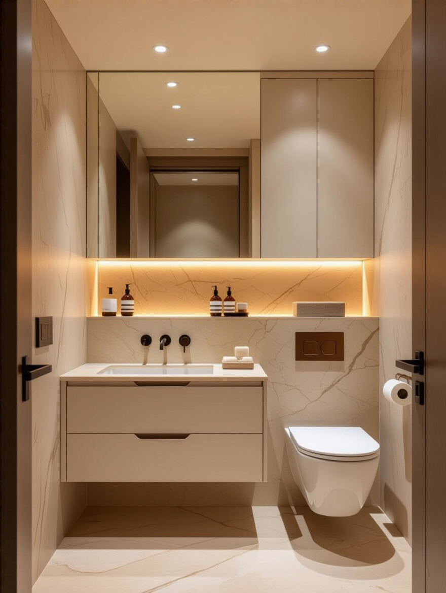 Luxurious bathroom with concealed plumbing and flush-mounted storage behind seamless panels