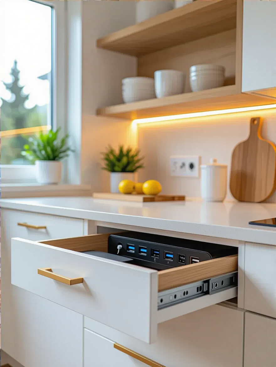 Sleek kitchen with in-drawer hidden charging station
