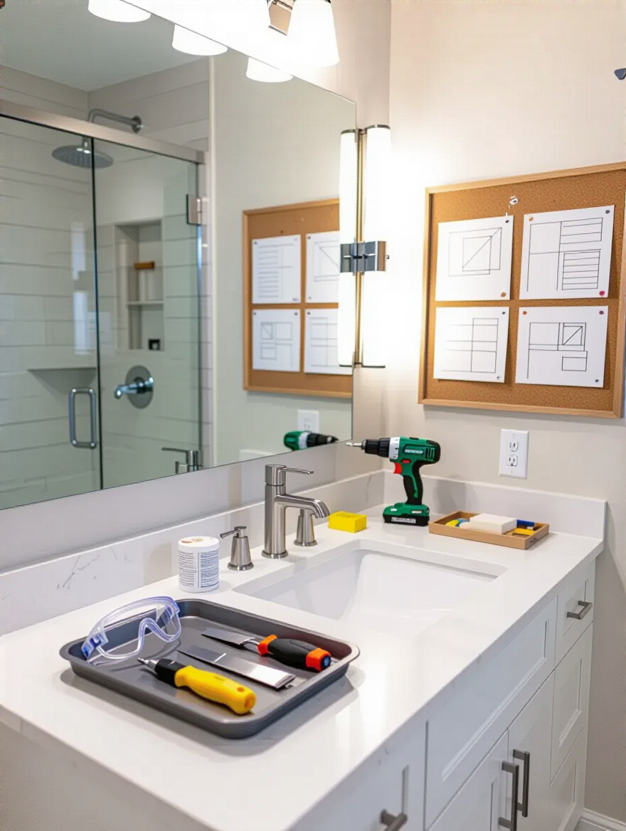 Vertical portrait of a modern bathroom renovation workspace with tools and planning board