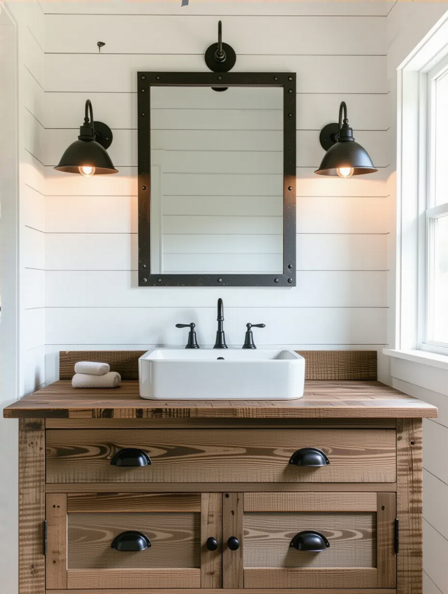Rustic farmhouse bathroom vanity with matte black barn-style sconces and a distressed metal mirror, illuminated by warm lighting.