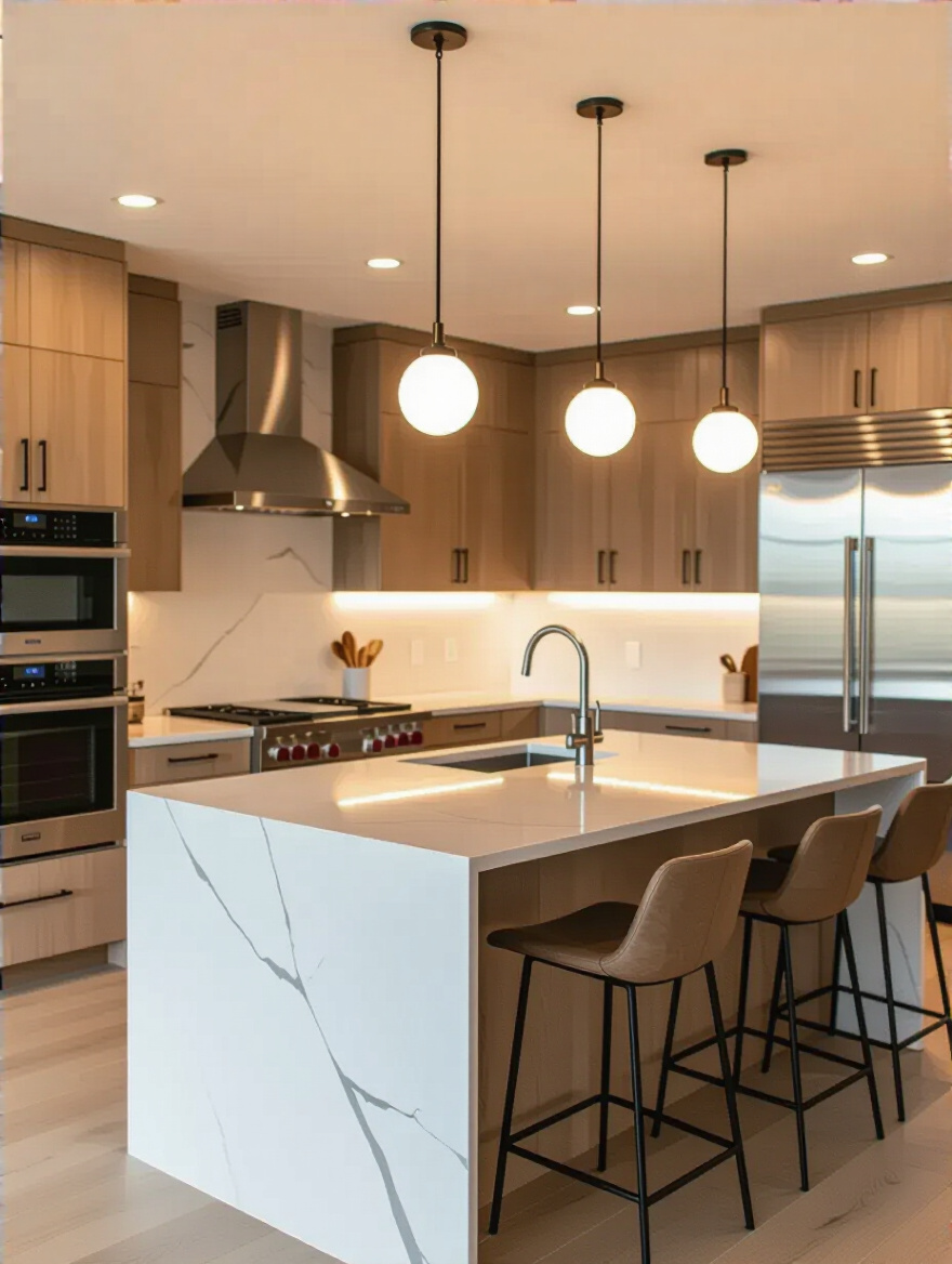 Portrait of a contemporary kitchen with layered lighting for ambiance and task efficiency