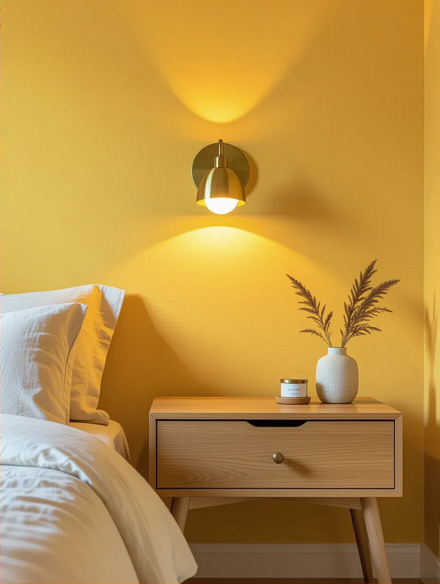 Yellow bedroom interior with a warm brushed brass wall sconce and soft lighting creating a cozy, serene atmosphere.