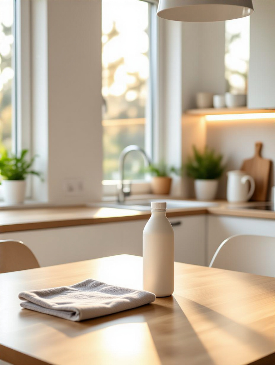 Portrait of a clean kitchen table during a daily cleaning routine, no people