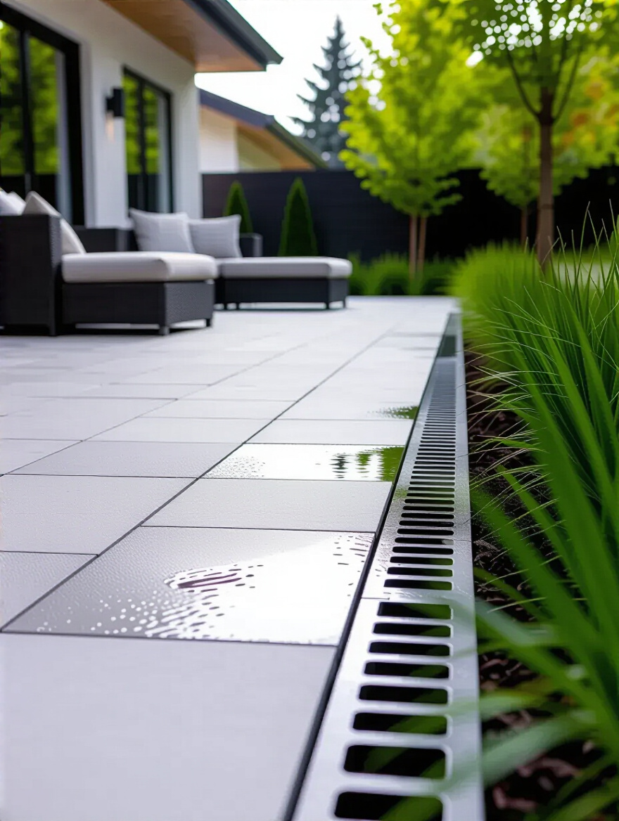 Close-up of a modern backyard patio with an integrated trench drain efficiently diverting water away, ensuring no water accumulation.