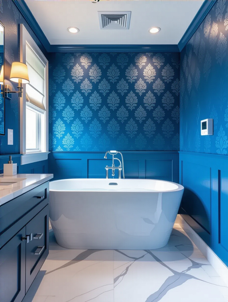 Portrait bathroom with blue wallpaper and ventilation features