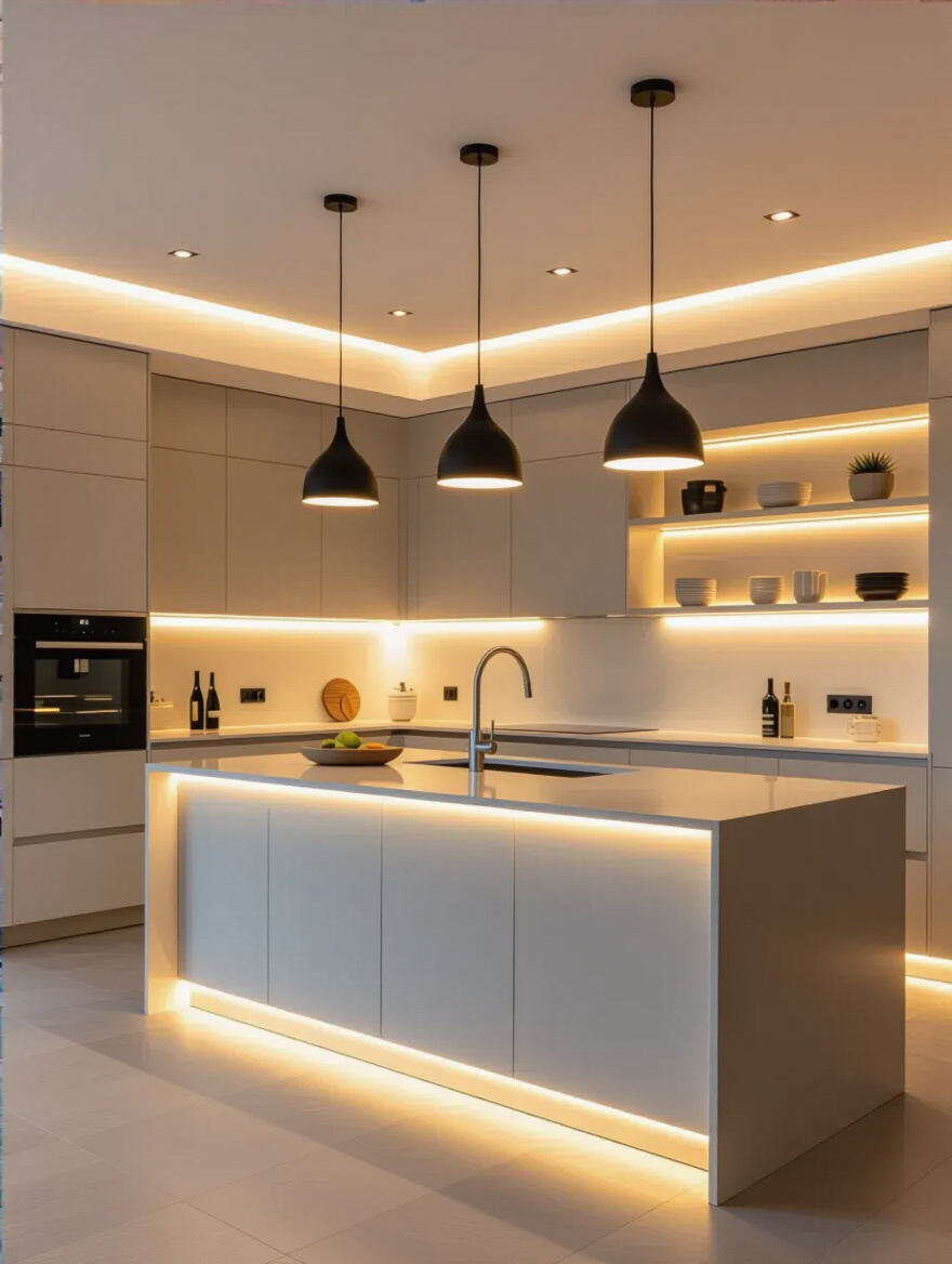 A modern kitchen interior showcasing effective layered lighting, with recessed ambient lights, bright under-cabinet task lighting, and accent lights highlighting floating shelves and a central island. Clean design, no people.