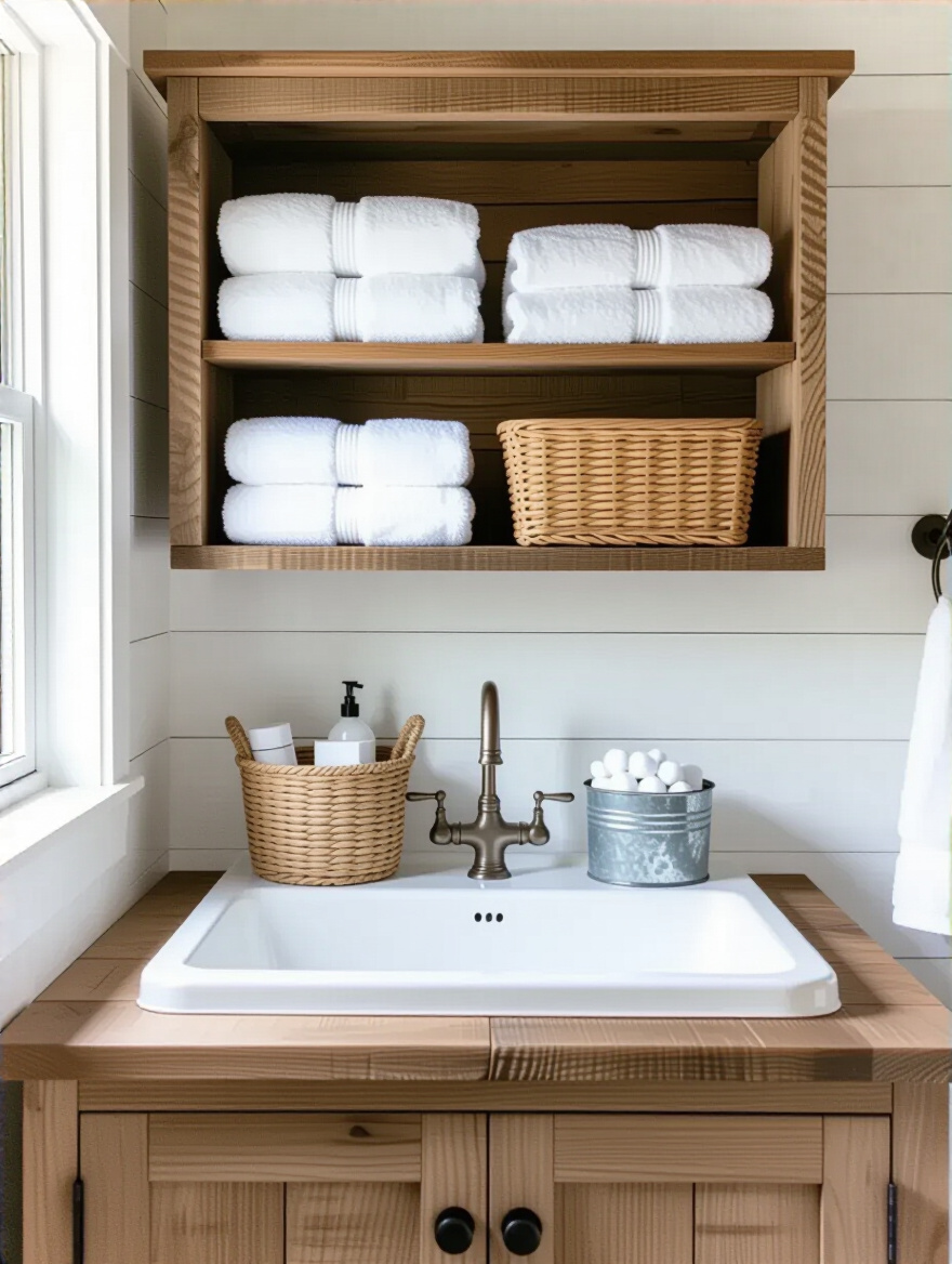 A beautifully organized farmhouse bathroom with smart storage, featuring rustic wooden shelving, woven baskets, and a vintage-style vanity, all contributing to clutter control.