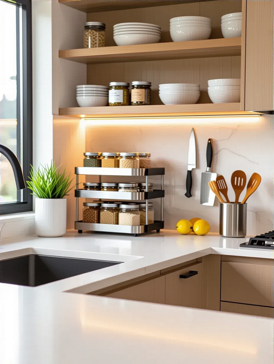 Portrait of a modern kitchen countertop organized with smart storage solutions