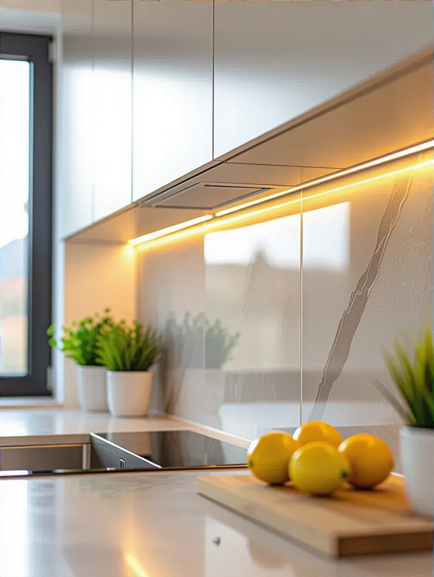 Portrait of a modern kitchen backsplash with multiple material panels and a clean, minimal cleaning setup
