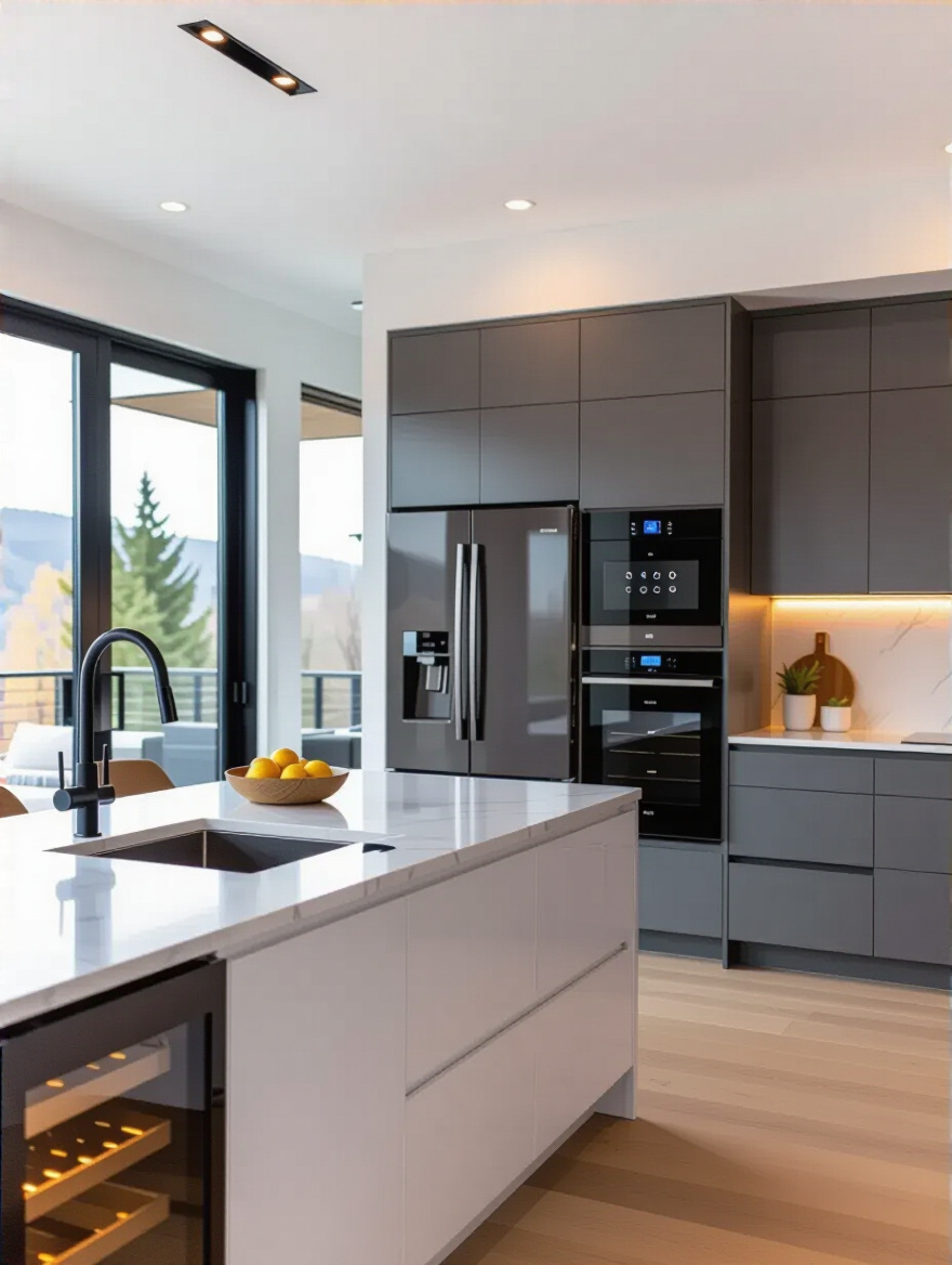 Portrait of a modern smart kitchen with integrated appliances and ambient lighting.