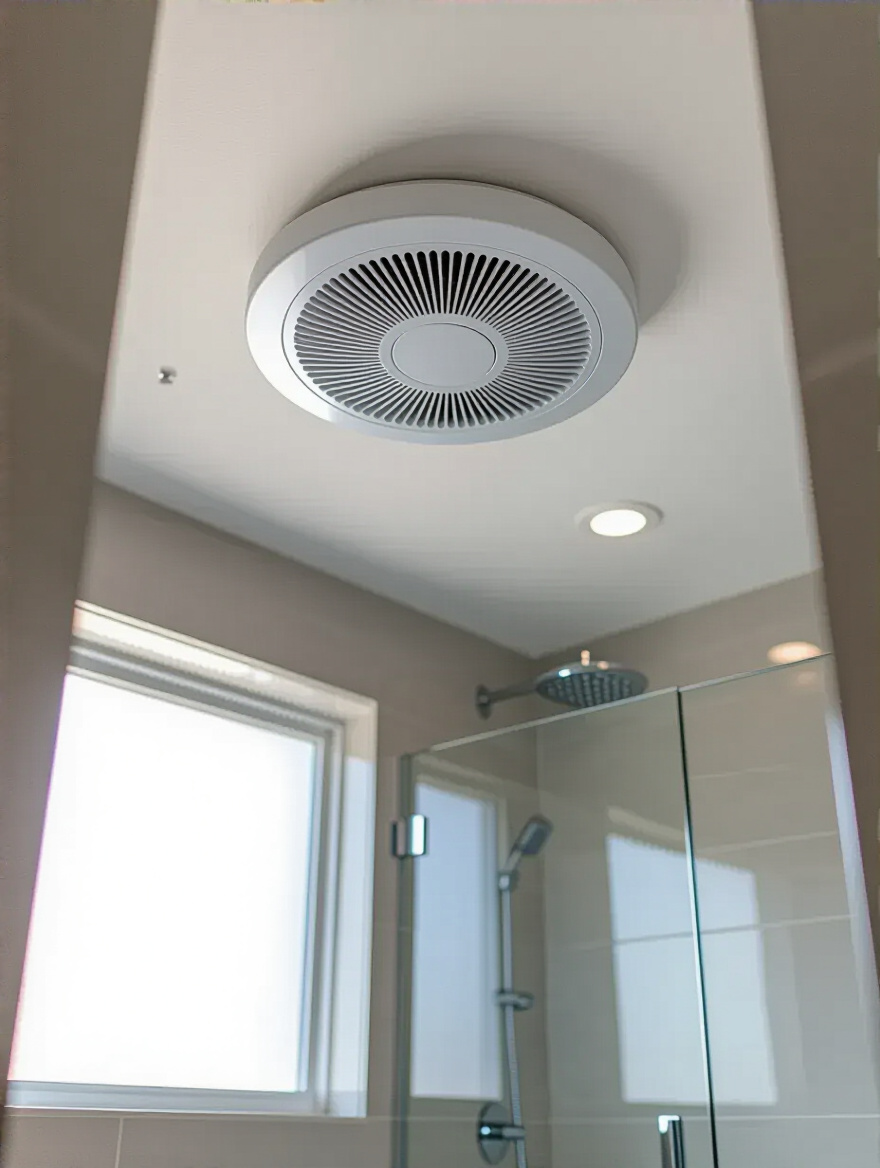 Portrait of a modern bathroom ceiling with a high-efficiency exhaust fan
