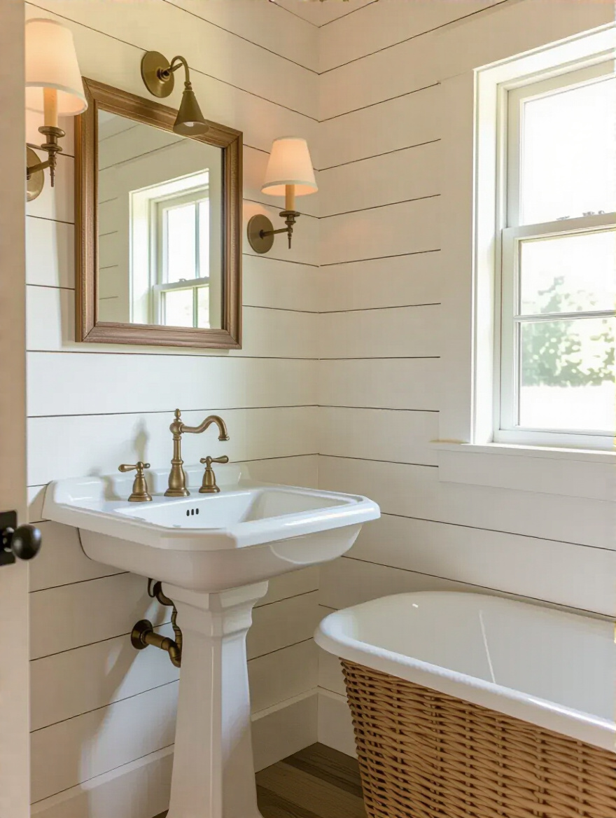 A charming farmhouse bathroom featuring a horizontally installed, off-white authentic shiplap wall behind a vintage pedestal sink, exuding rustic elegance.