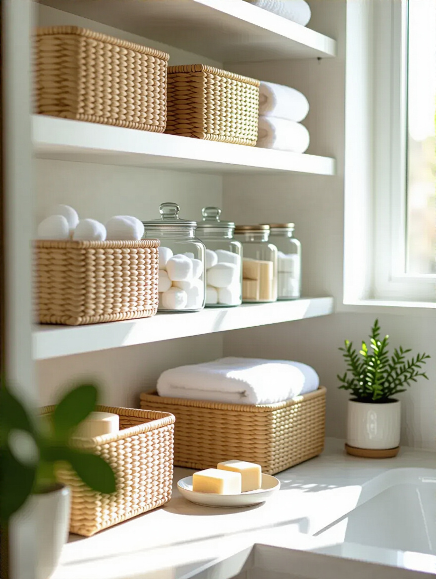 Bathroom shelves with stylish woven baskets, clear jars, and decorative trays for functional and tidy organization, featuring natural light and a clean modern aesthetic.
