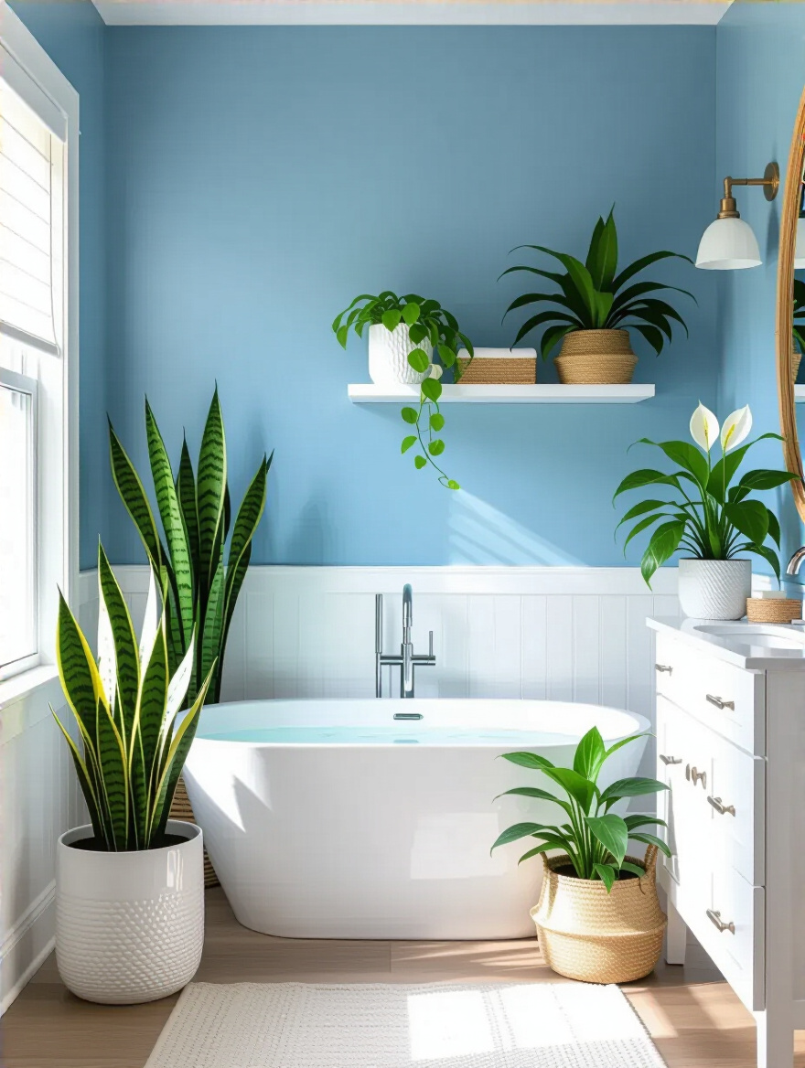 Bathroom with blue wallpaper and lush greenery