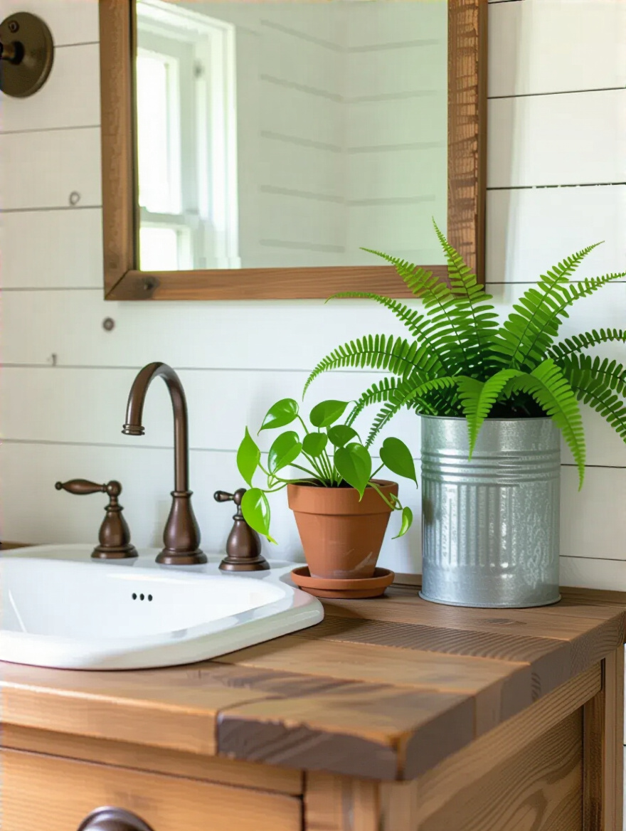 Farmhouse bathroom vanity with live plants like potted Pothos in a terracotta pot and a Bird's Nest Fern in a galvanized metal planter, adding greenery and rustic charm.