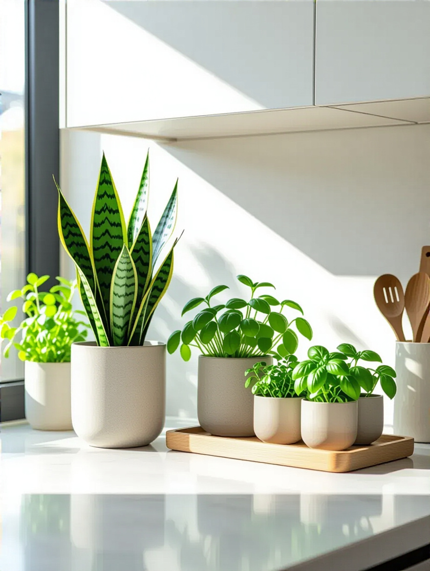Vertical kitchen counter with low-maintenance greenery and herbs in decorative pots.