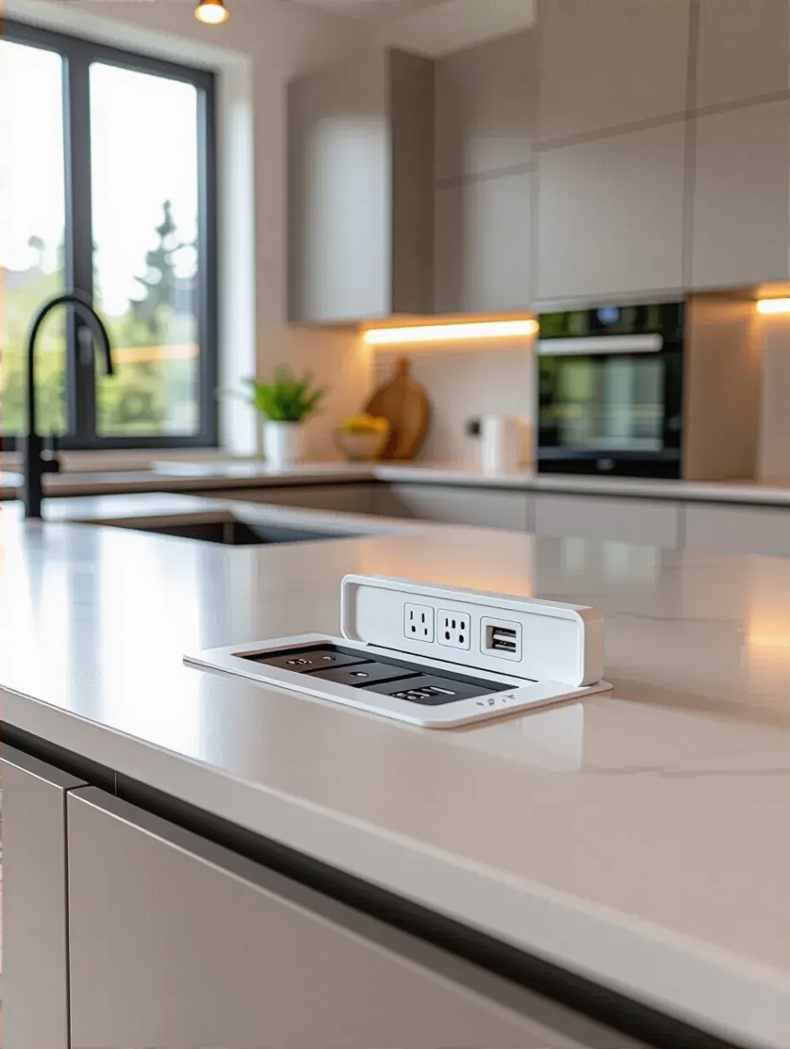 Modern kitchen island with a white quartz countertop and a chrome pop-up power outlet extended, revealing discreet charging capabilities.
