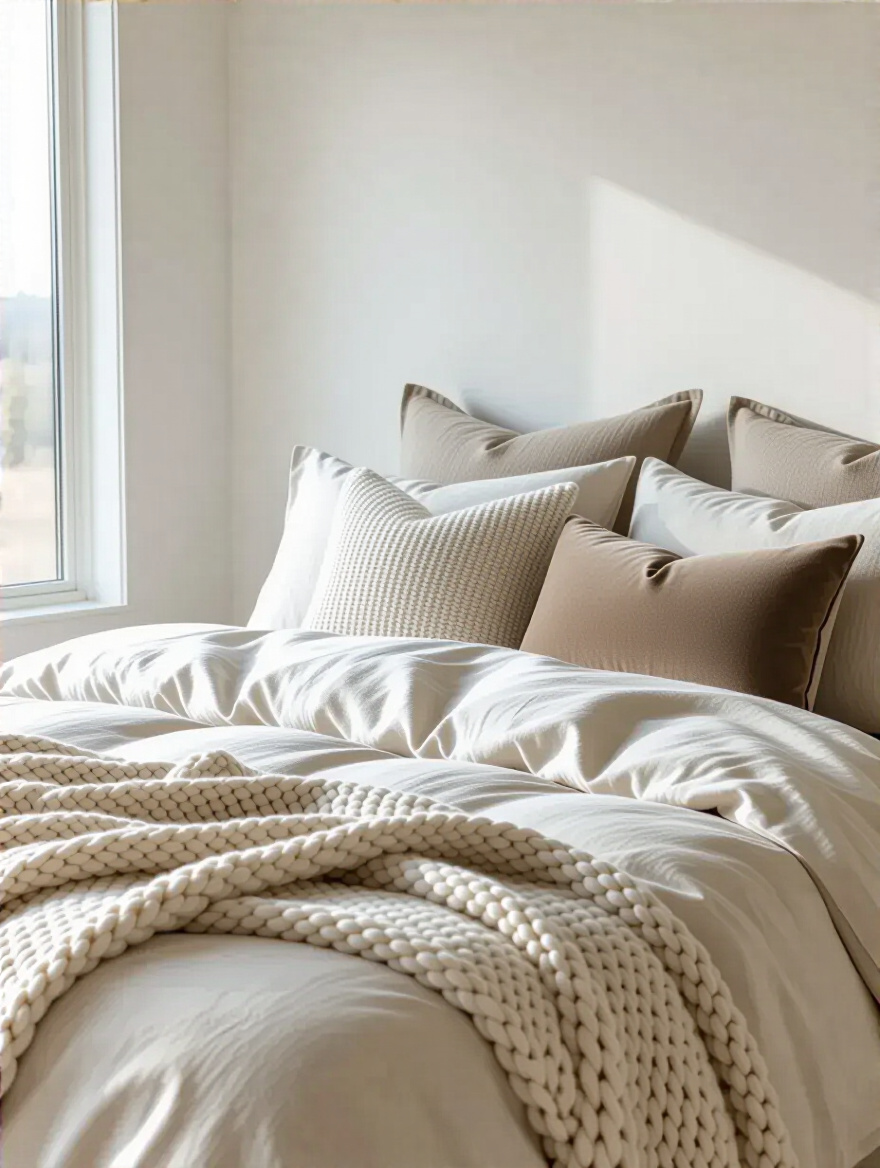 A modern bedroom bed layered with neutral bedding, featuring textures like linen, velvet, and chunky knit throws in white, cream, taupe, and light gray. The scene emphasizes sophisticated comfort and understated luxury.