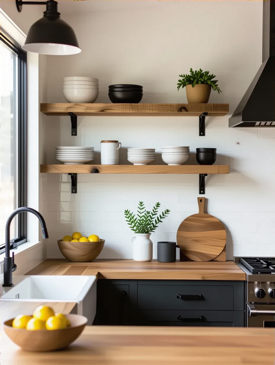 Portrait view of open shelving with discounted lumber in a budget-friendly kitchen