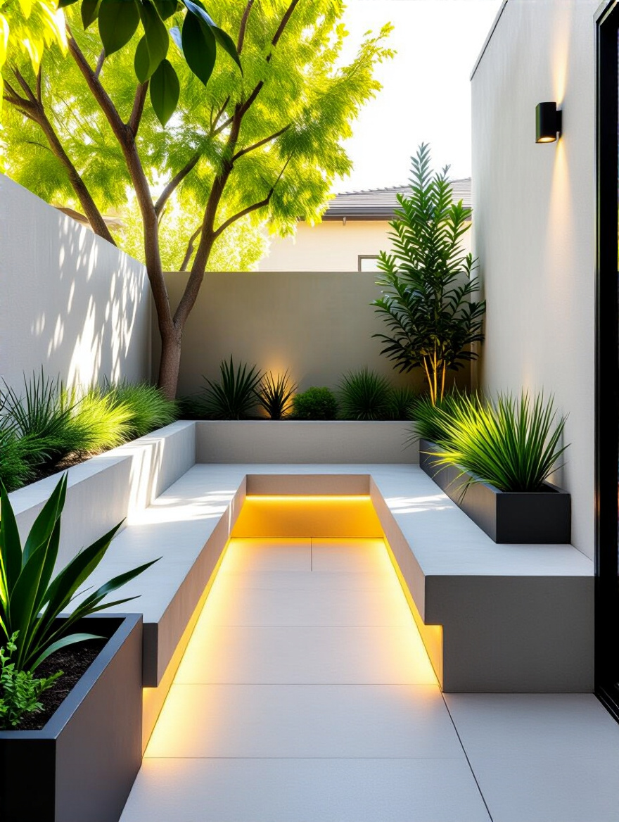 Modern L-shaped concrete built-in bench on a compact urban patio with drought-resistant plants, demonstrating maximized usable space and elegant design with integrated lighting.