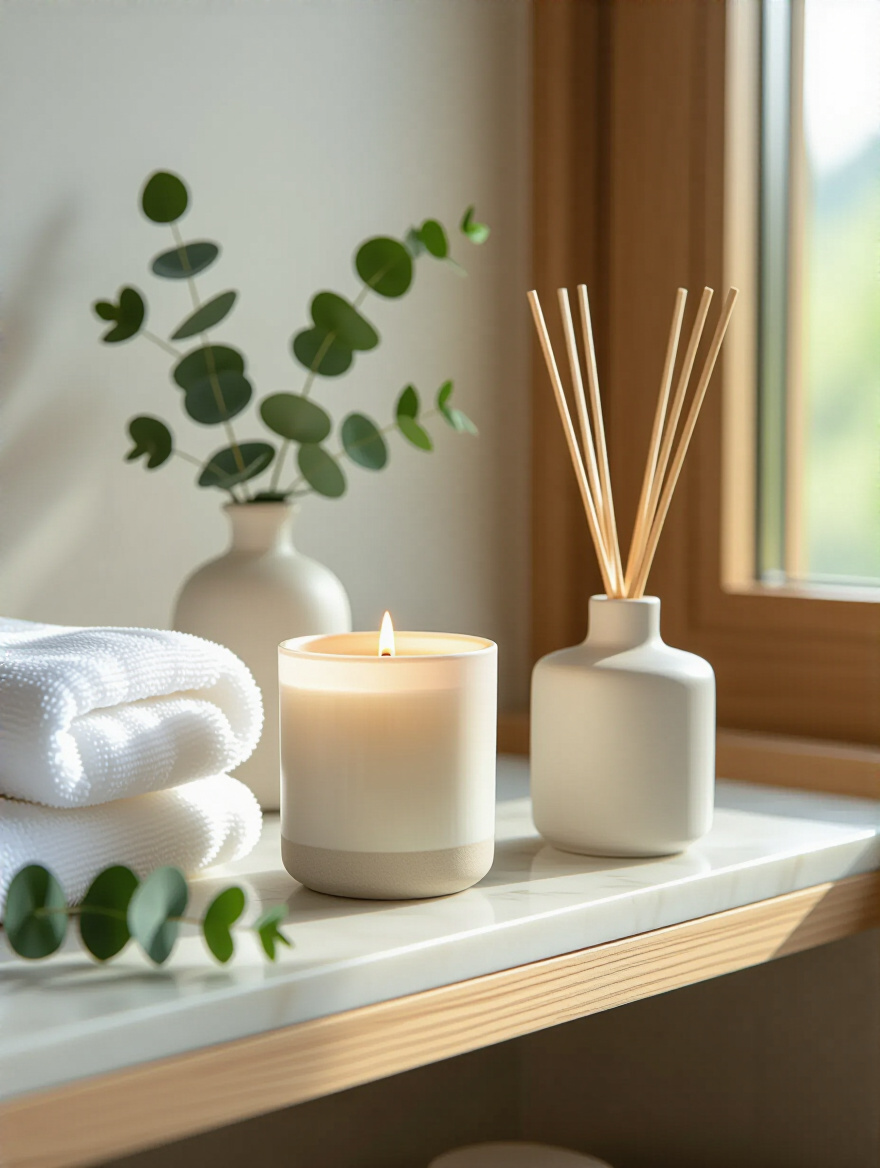 Elegant unlit scented candle and reed diffuser on a modern bathroom shelf, promoting relaxation and enhanced aroma.