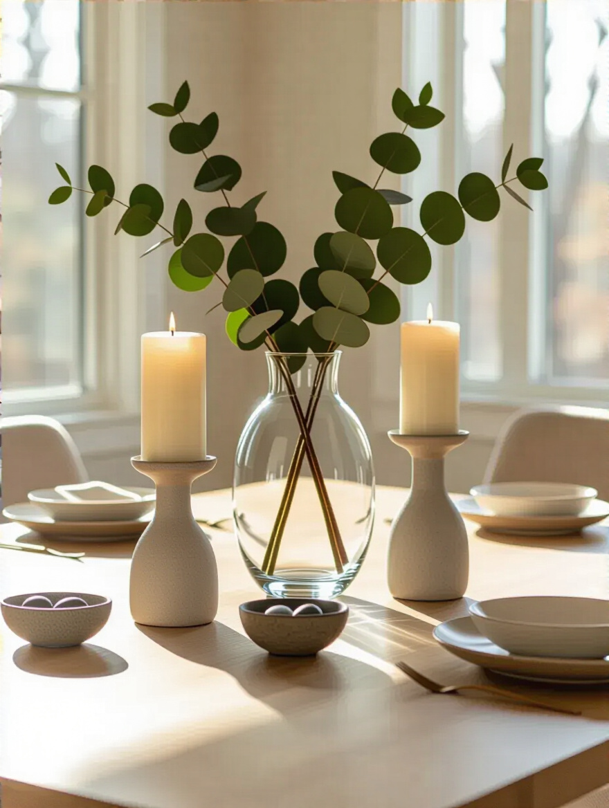 Elegant kitchen table centerpiece with varied heights, featuring a tall vase with eucalyptus, medium candlesticks, and small stone bowls.