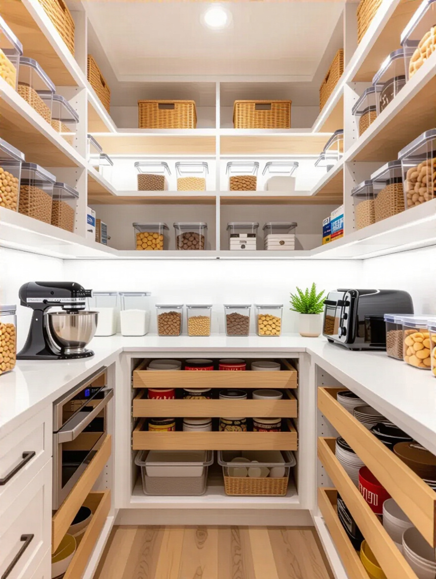 Modern walk-in pantry interior with white and light wood shelving, clear food containers, small appliances, and pull-out drawers for optimal bulk storage and kitchen organization.