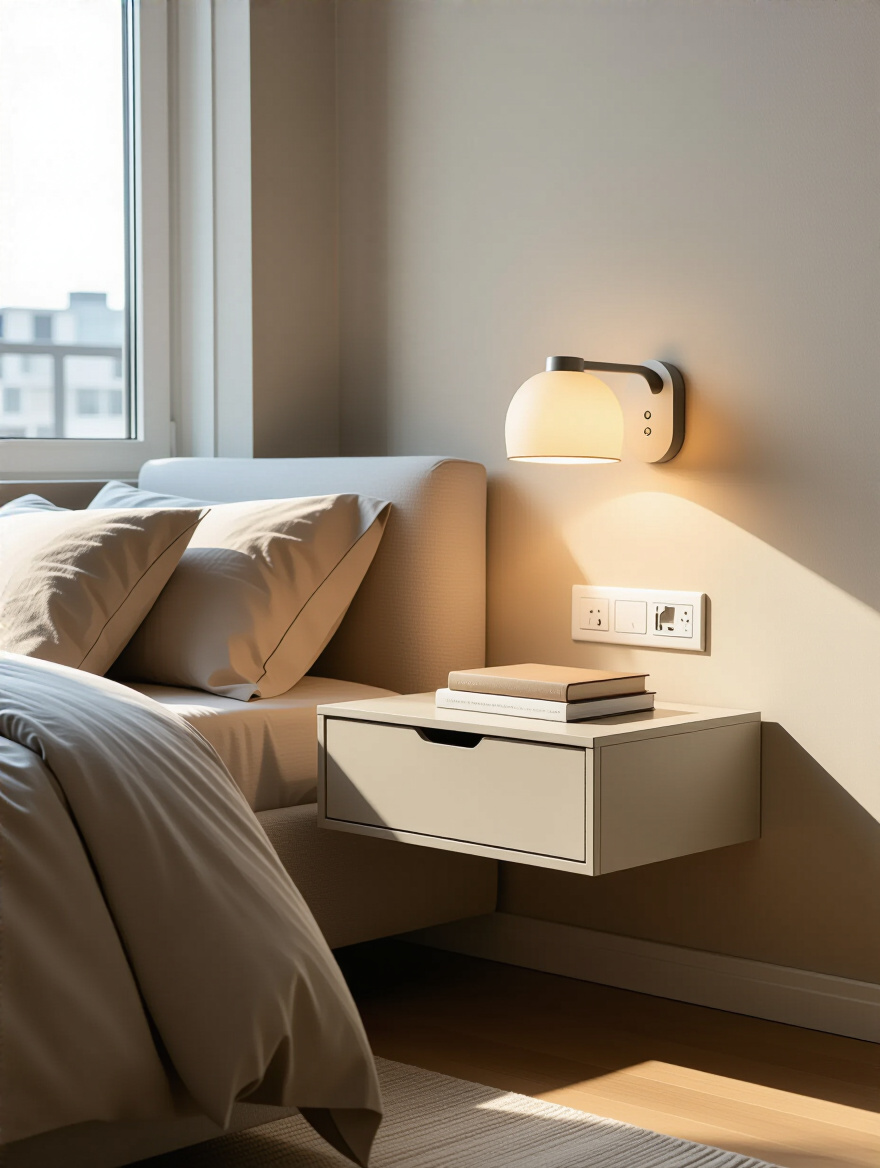 A minimalist floating nightstand in a small, modern apartment bedroom, with a sleek lamp and a book, emphasizing the maximized floor space.