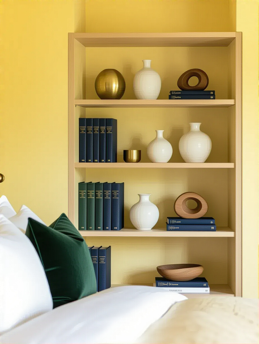 Open light-wood bookshelf in a yellow bedroom, decorated with green and navy books, white ceramic vases, and wood sculptures.