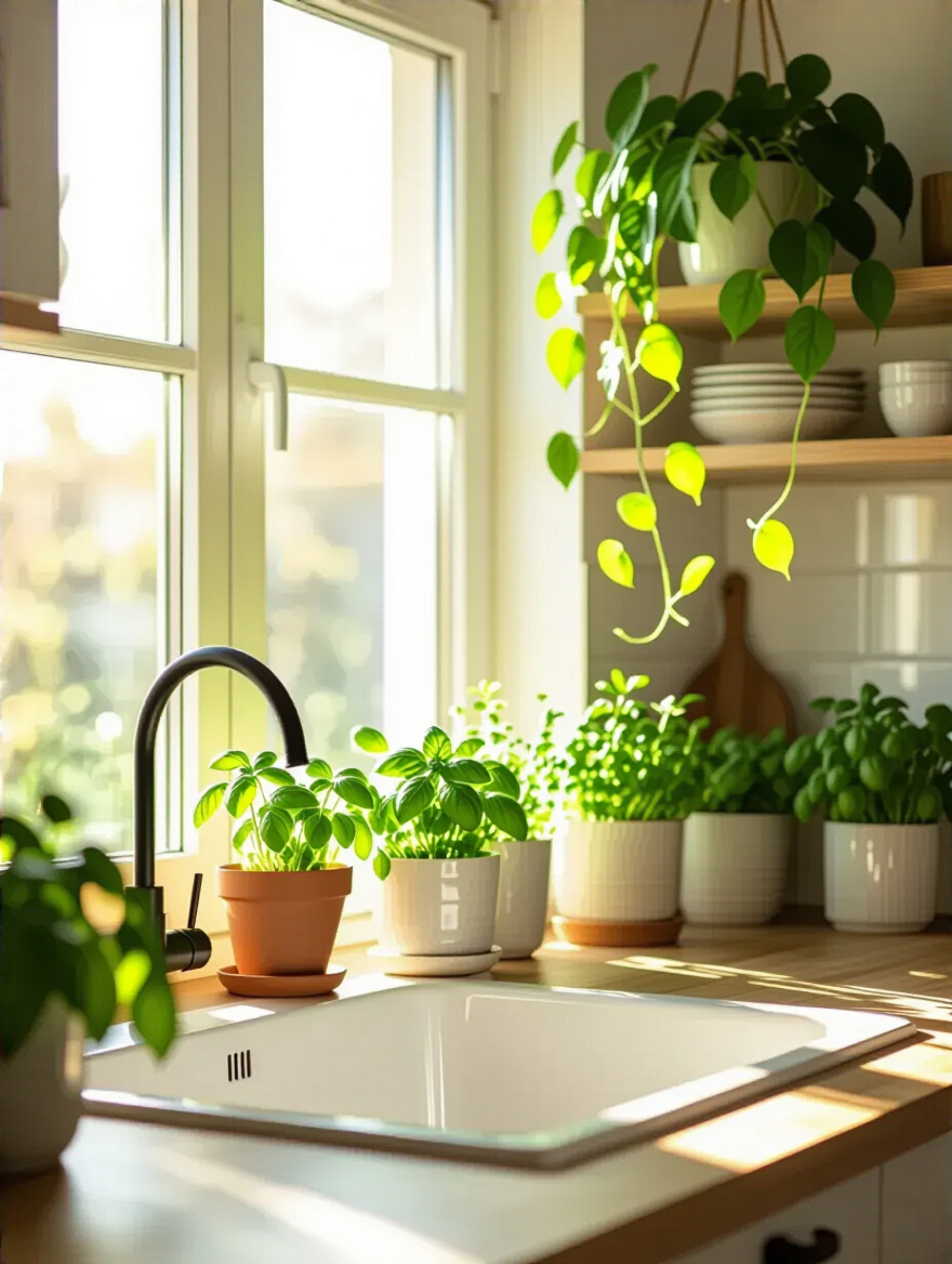 A modern kitchen with various healthy green indoor plants on open shelves and countertops, adding freshness and organic appeal.