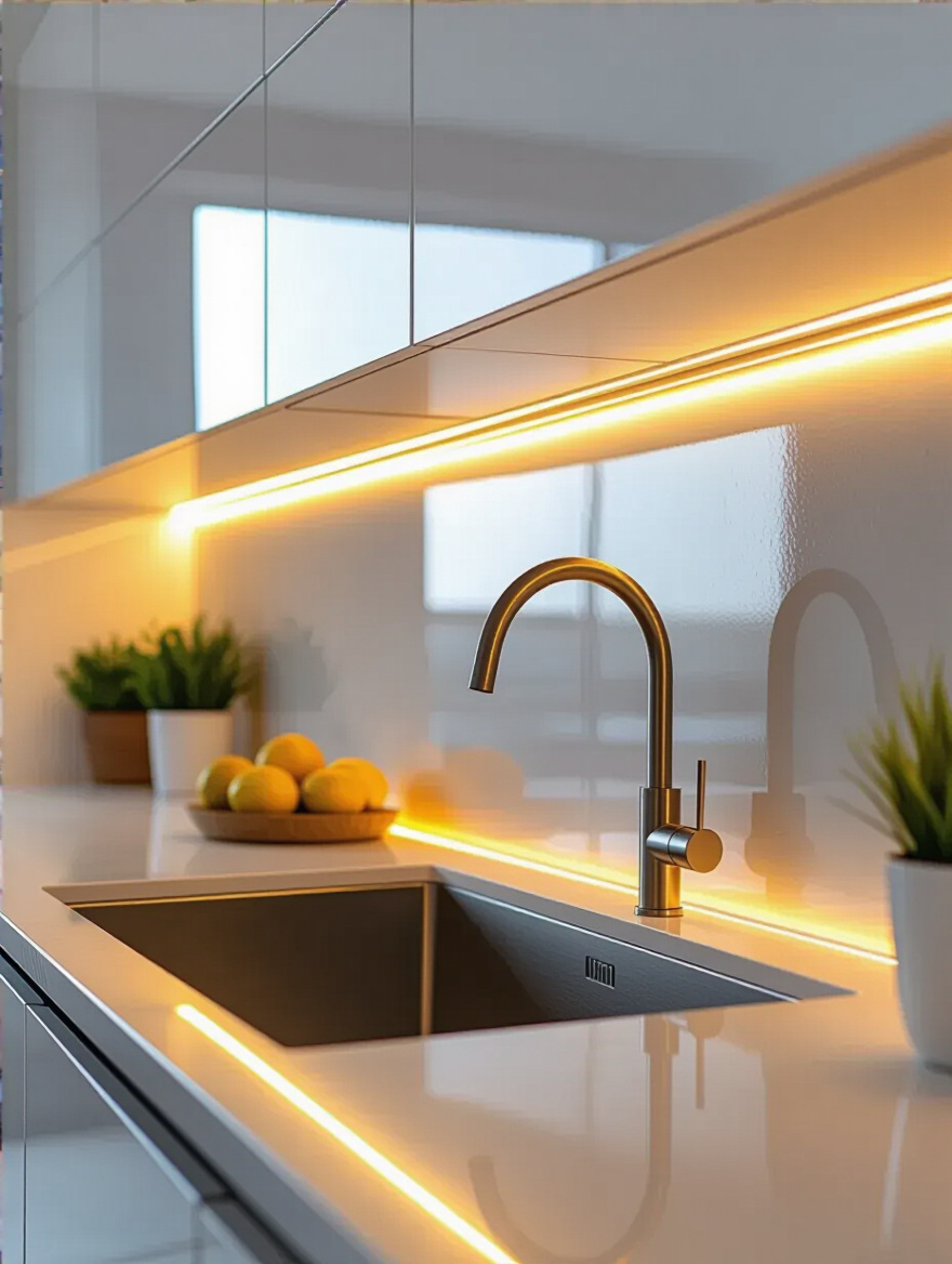 Portrait view of a modern kitchen backsplash with integrated lighting for ambient and task illumination