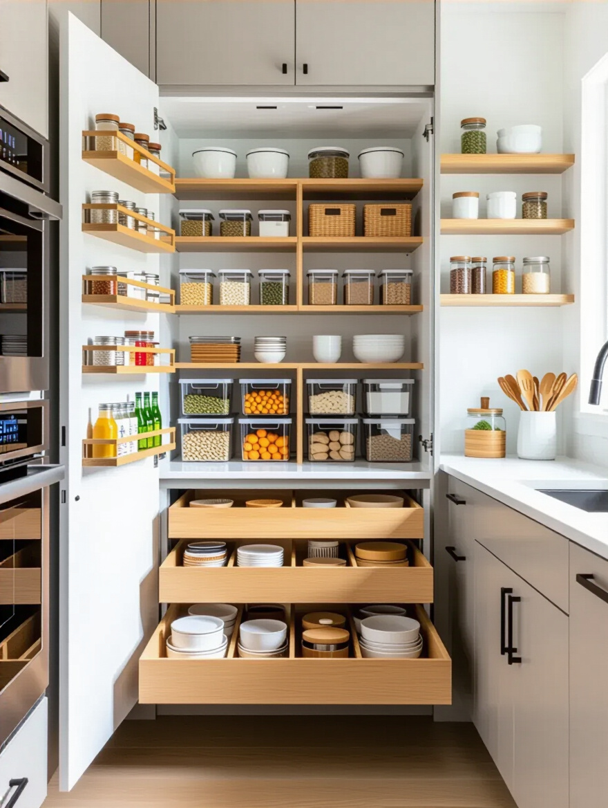 Modern kitchen showcasing smart storage solutions like pull-out pantry, drawer dividers, and wall organizers for a clutter-free, efficient space.