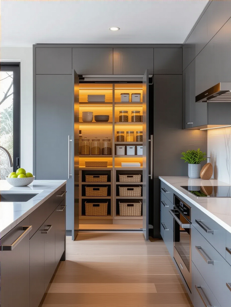 Portrait of a contemporary kitchen with a hidden walk-in pantry integrated into cabinetry