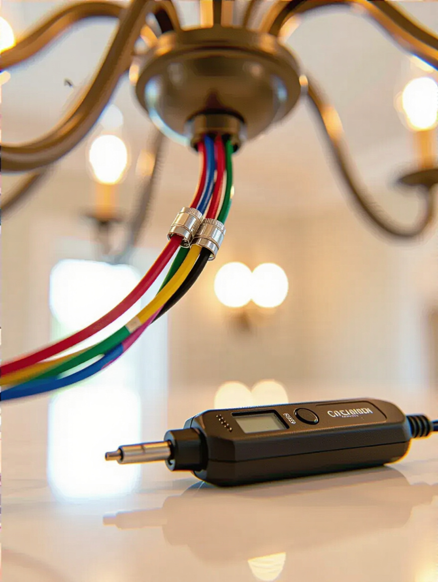 Close-up of a chandelier's electrical wiring with a subtle discolored section, a non-contact voltage tester nearby, representing an annual safety inspection.