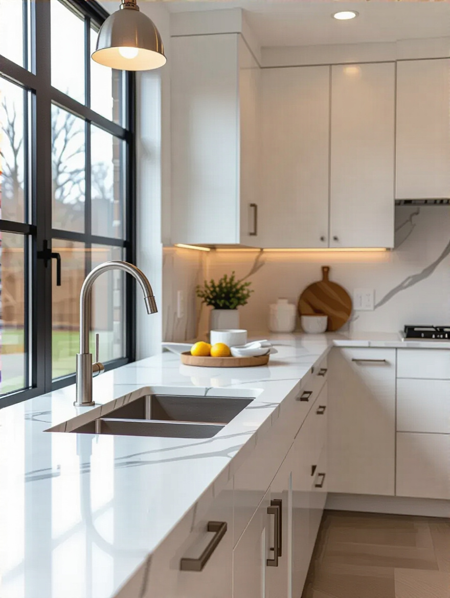 Portrait kitchen with Calacatta marble-look laminate countertop