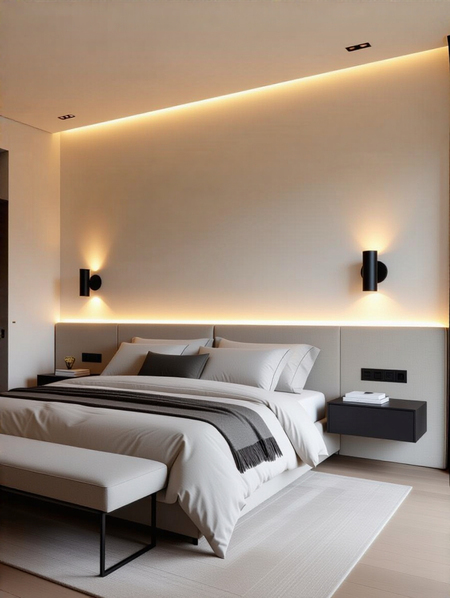 Modern bedroom with clean lines and a soft ambient glow from minimalist recessed ceiling lights and matte black wall sconces, creating a peaceful atmosphere.