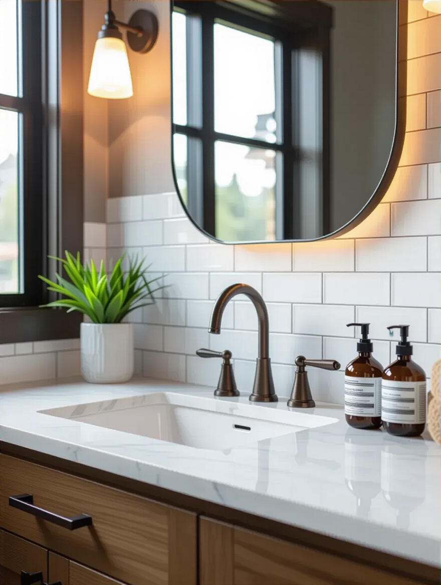 Portrait of a modern bathroom vanity with peel-and-stick backsplash