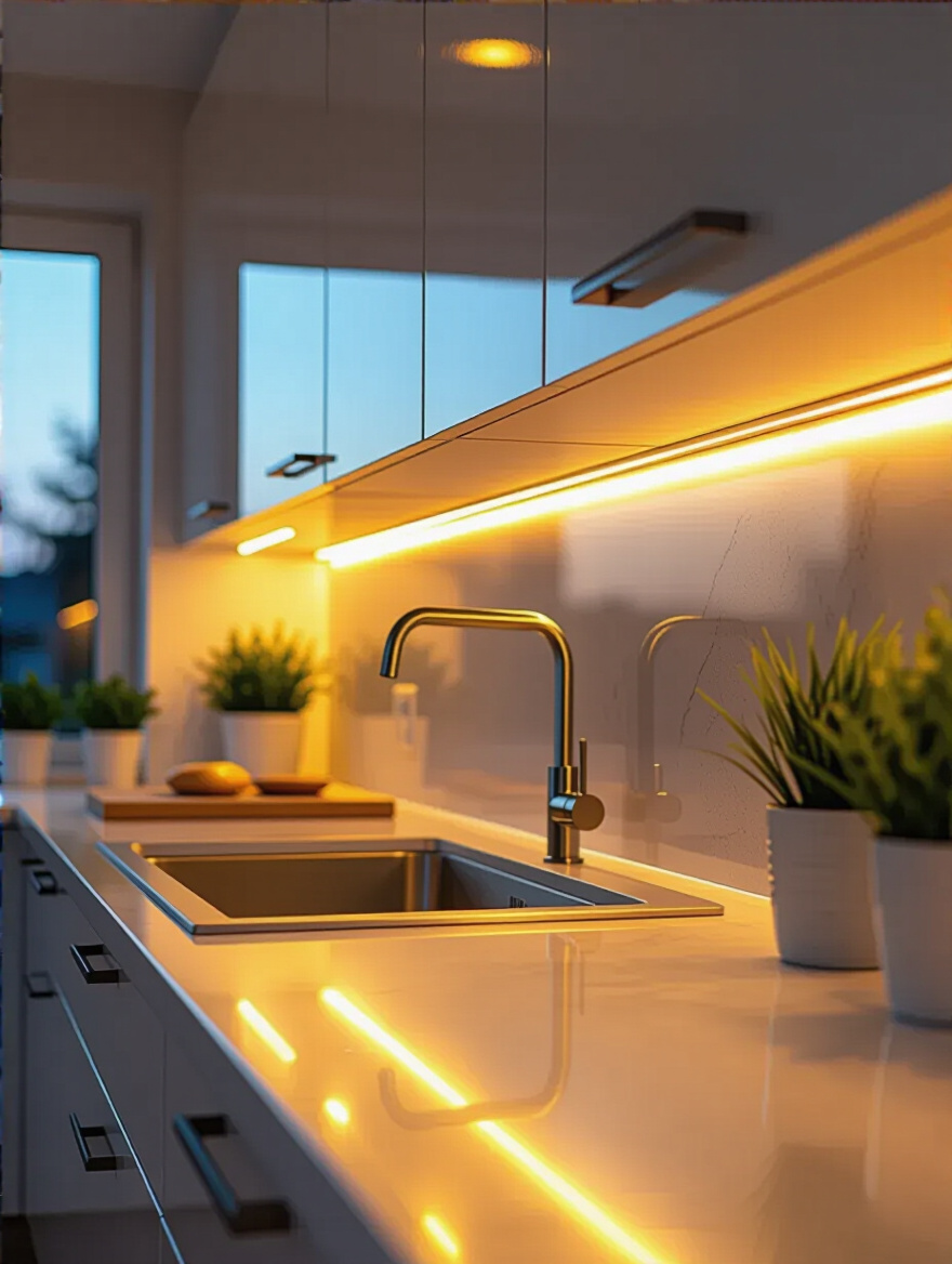 Warm under-cabinet lighting illuminating a modern kitchen countertop