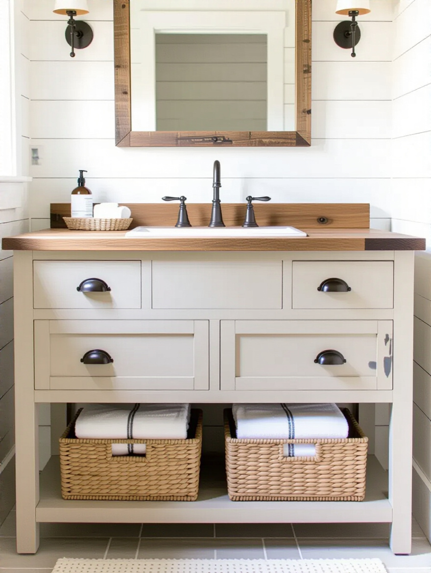 A beautifully organized farmhouse bathroom featuring a large, distressed reclaimed wood vanity with a butcher block countertop, vintage faucet, and ample storage through closed drawers and open shelving with woven baskets. White shiplap walls complement the rustic yet clean design.