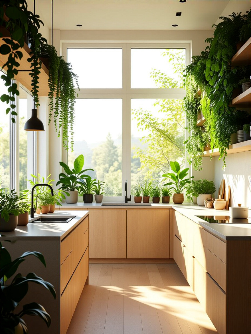 Modern kitchen featuring biophilic design with natural light, a living wall, wooden cabinetry, and various indoor plants creating a serene and harmonious environment.