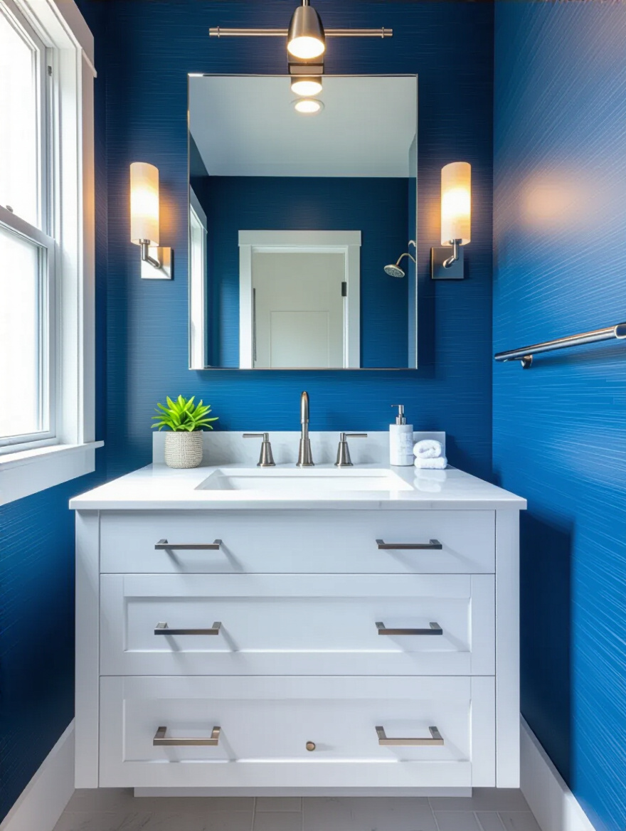 Blue wallpaper bathroom with a cohesive white vanity and metallic fixtures