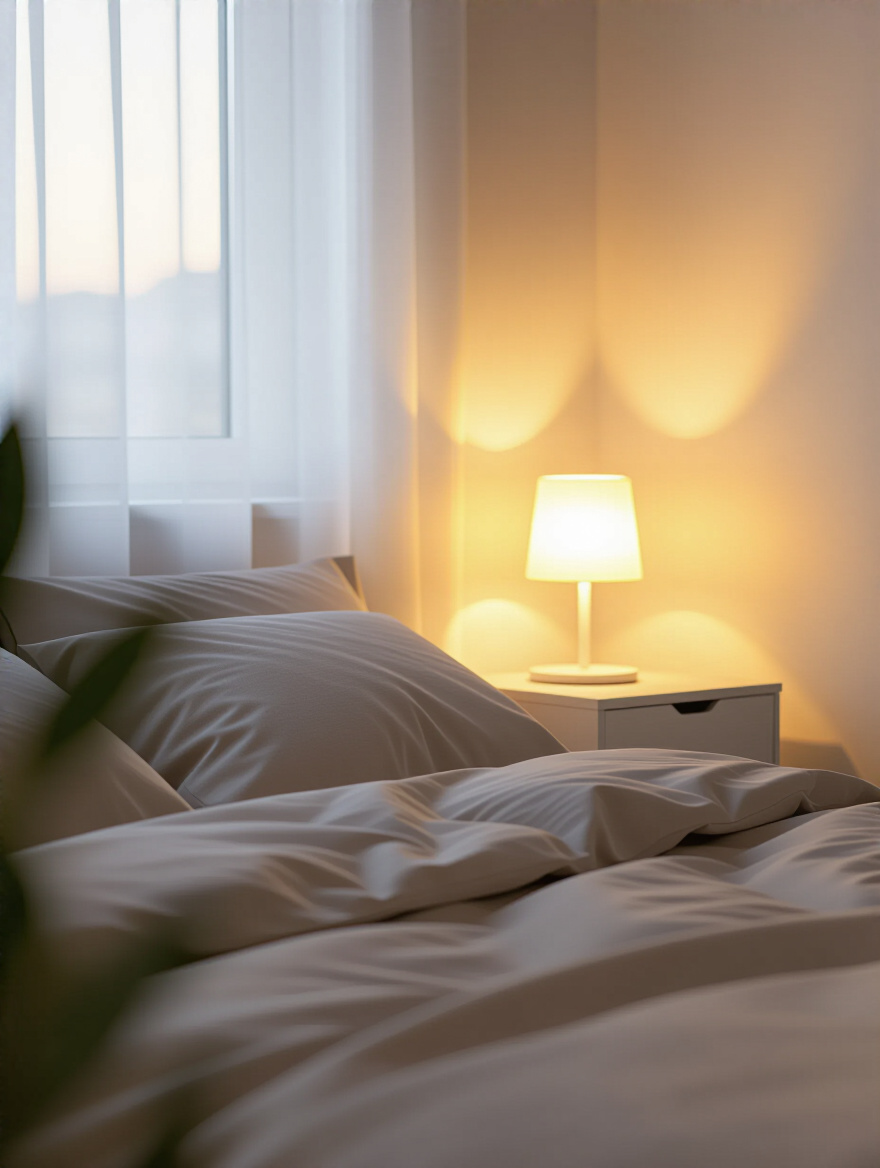 Small bedroom with dimmable LED lighting creating a warm, adjustable mood, featuring a modern bedside lamp and wall sconce.