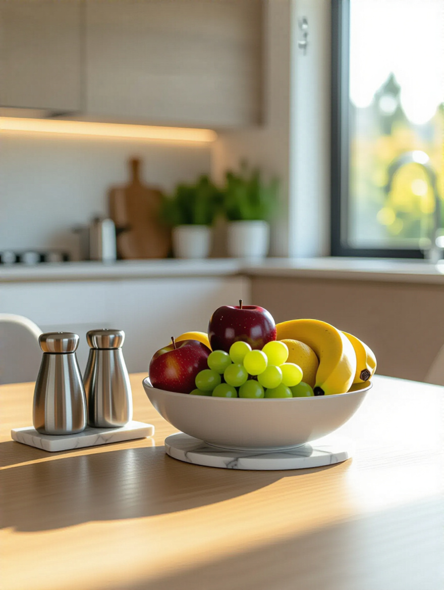 Kitchen table centerpiece with a ceramic fruit bowl full of fresh fruit and elegant salt and pepper shakers, under natural light.