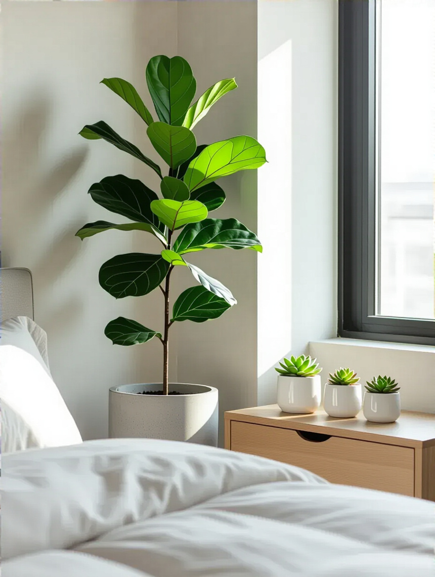 A modern bedroom with a large Fiddle Leaf Fig plant in a concrete planter next to a window, and succulents on a minimalist wooden nightstand, showcasing strategically placed greenery.