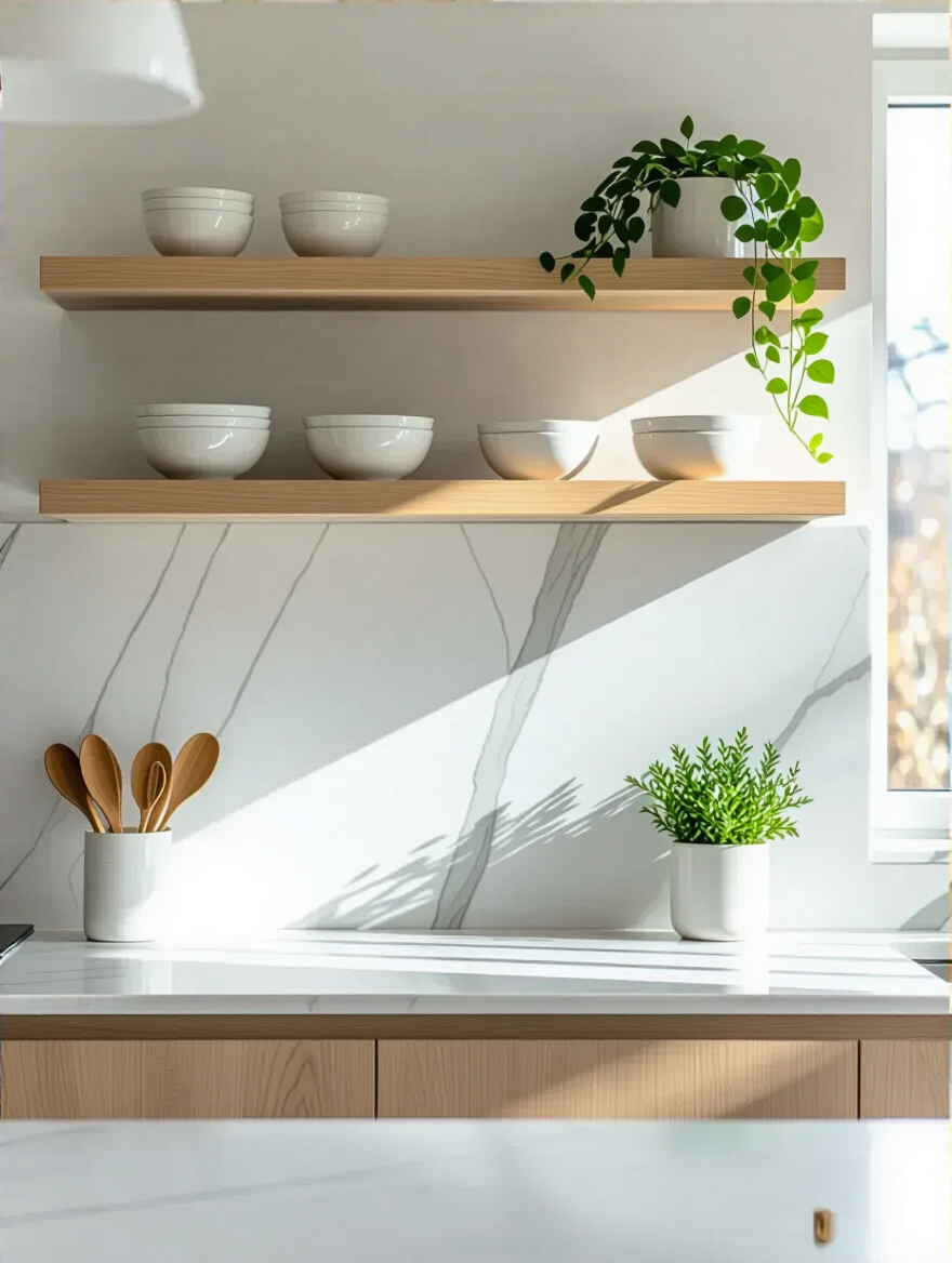 Modern kitchen with white marble backsplash, light wood floating open shelves, and minimalist decor, featuring plants and white ceramics.