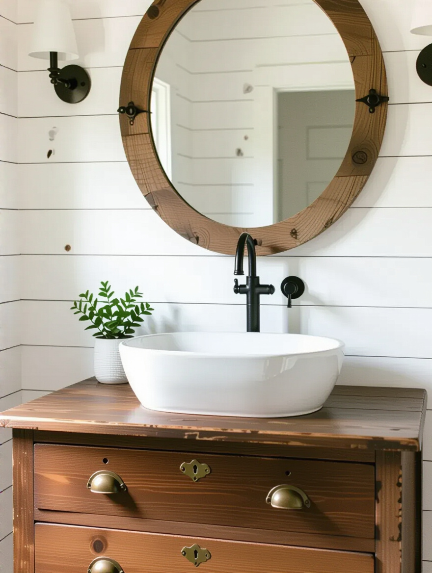Farmhouse bathroom featuring a vanity made from a repurposed antique wooden dresser with a white vessel sink, matte black faucet, and rustic decor.