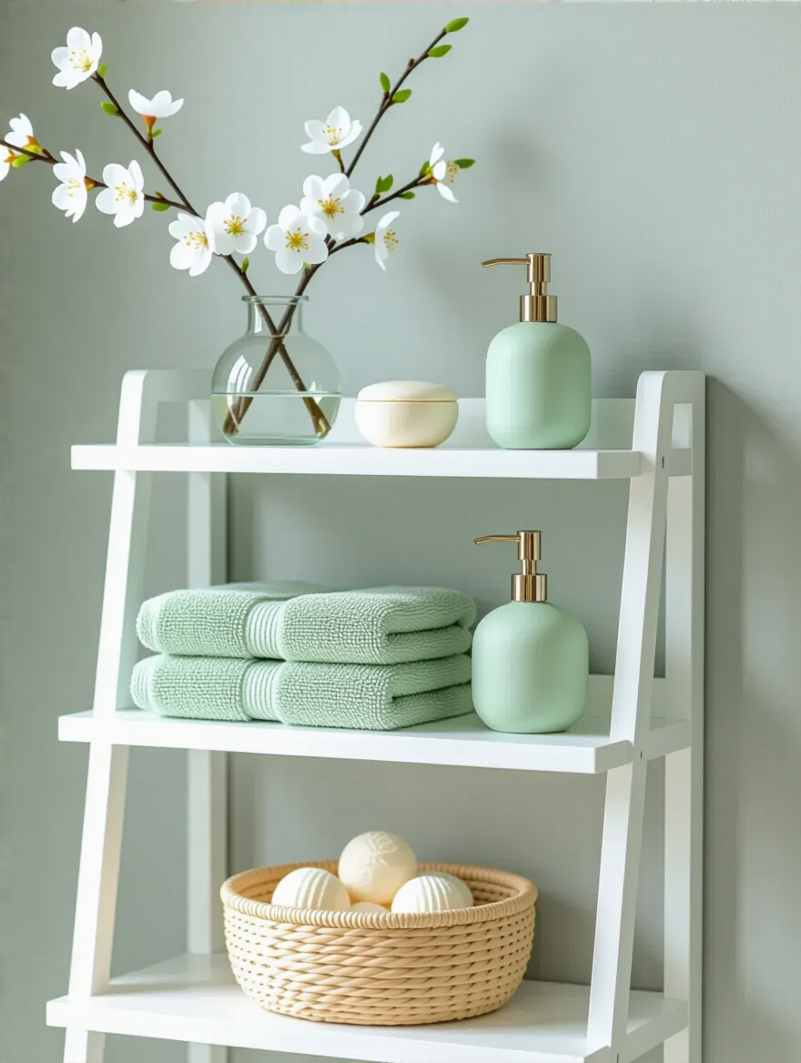 White bathroom shelves decorated with spring seasonal touches, including faux cherry blossoms, sage green towels, and a citrus diffuser, creating a refreshed mood.