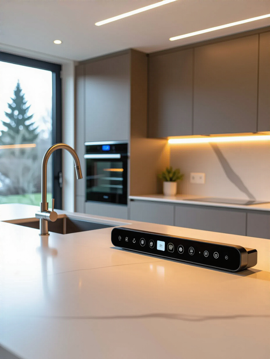 Modern kitchen with sleek smart appliances, integrated touch screens for automated controls, and sophisticated lighting, showcasing seamless smart home technology integration.