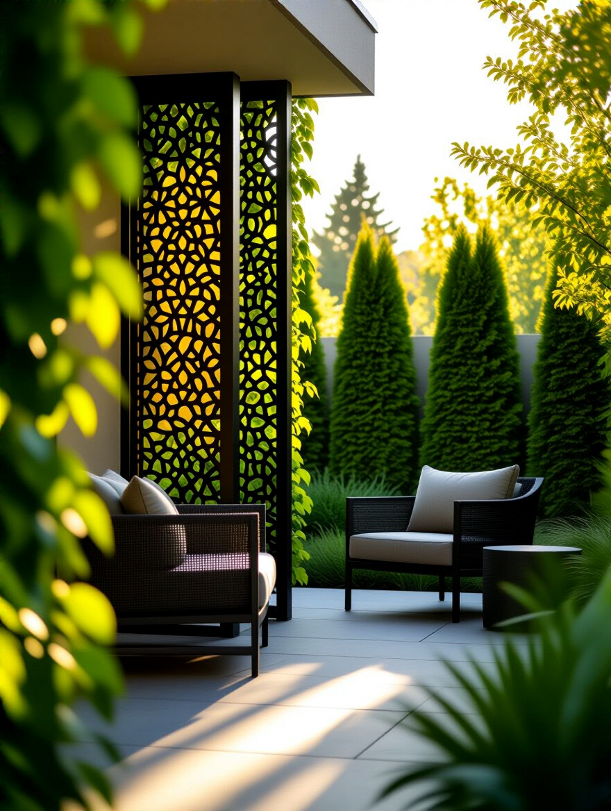 Backyard patio with a modern laser-cut privacy screen covered in climbing vines, complemented by tall evergreen shrubs for natural seclusion.